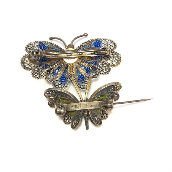 Vintage Silver Enamel Butterfly Brooch Guilloche Filigree Pin Set (2) - Picture 3 of 9